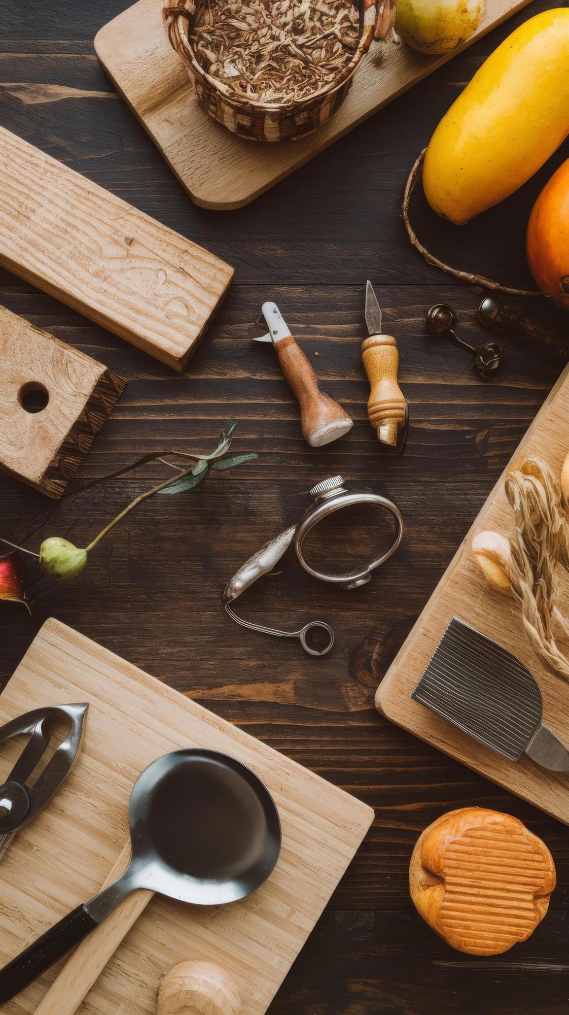 Workshop bench with tools and ingredients