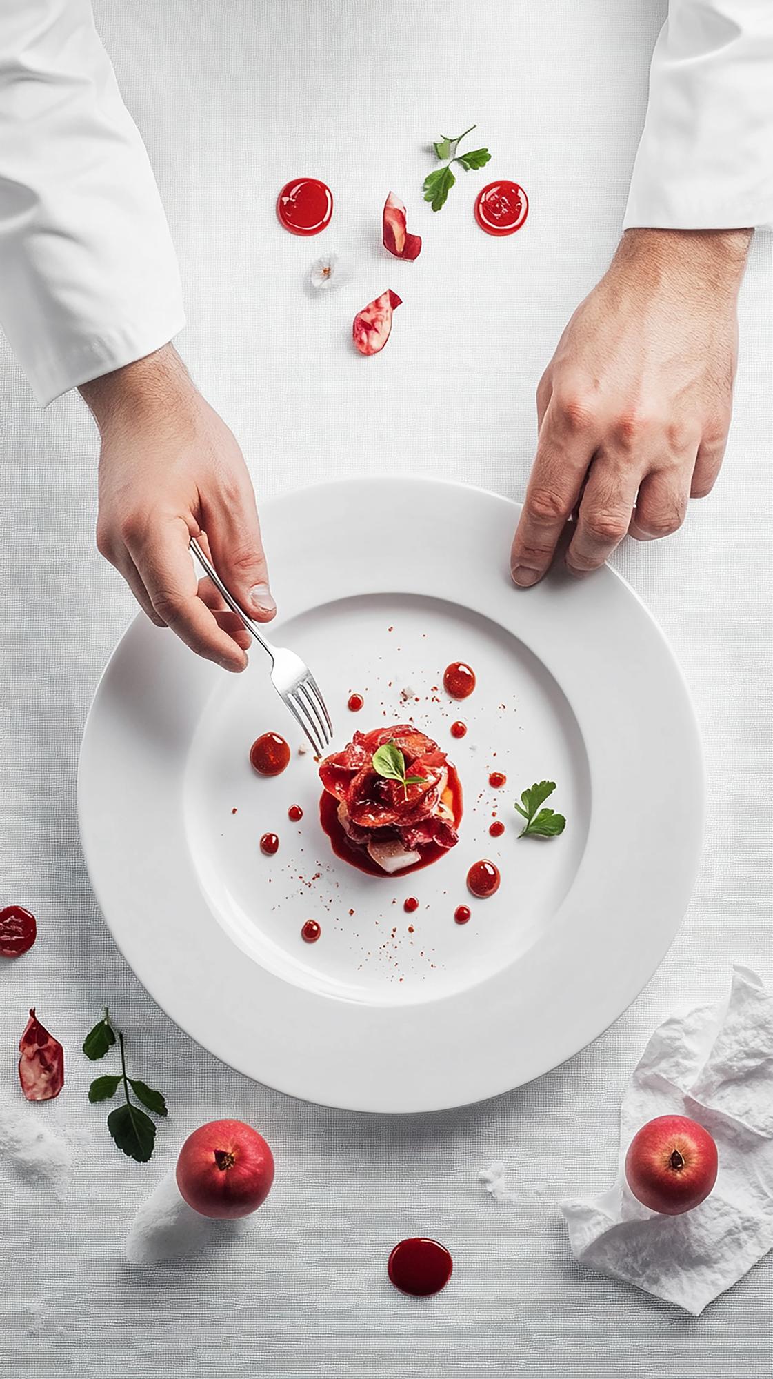 Chef demonstrating plated dish on wooden table
